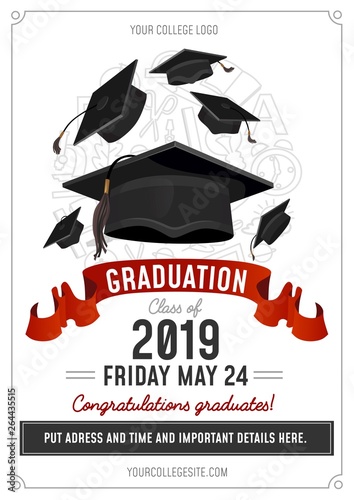 Graduation Class of 2019 greeting card or invitation design with flying hats and decorative elements. Congratulations graduates template. Vector illustration