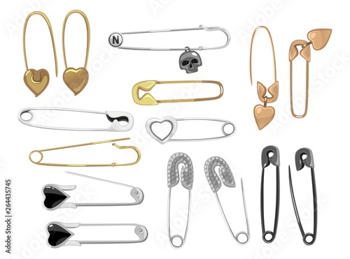 Safety pins vector set. Gold, silver safety pins with decorative elements isolated on white background.