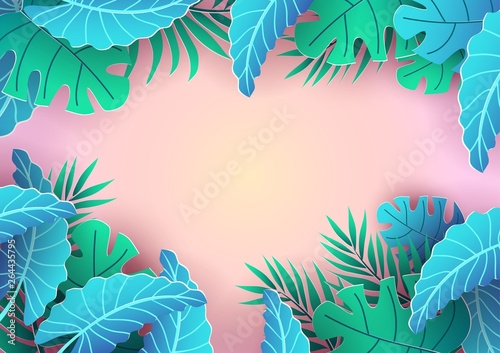 Summer tropical background design. Pink background and leaves for sale banner, poster or voucher discount. Summer vector background.