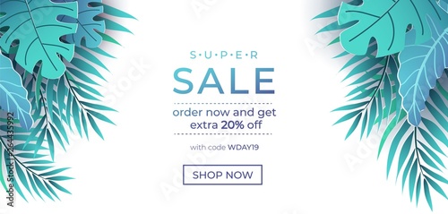 Summer sale banner in trendy style with exotic leaves. Paper tropical leaves design isolated on white background. Modern summer sale banner template. Vector illustration