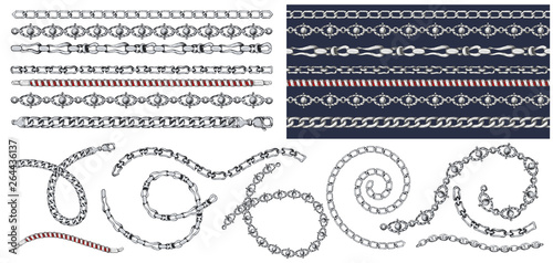 Set of brush patterns with retro hand-drawn sketch silver chain on dark background. Drawing engraving texture. Great design for fashion, textile, decorative frame, yacht style card.
