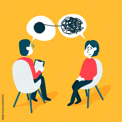 Psychotherapy counseling concept. Psychologist man and young woman patient in therapy session. Treatment of stress, addictions and mental problems.