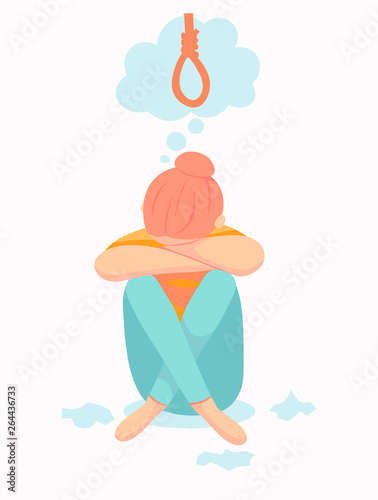 Depressive woman wants to commit suicide by hanging in the rope. Sad teen female think about death. Depression woman sit on the floor. Depressed girl crying covering her face with her hands