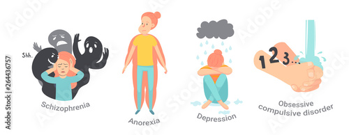 women with mental disorders, illnesses, impairments, psychiatric or psychological problems. vector illustration. okd, depression, anxiety, fear, mood disorder, anorexia, schizophrenia