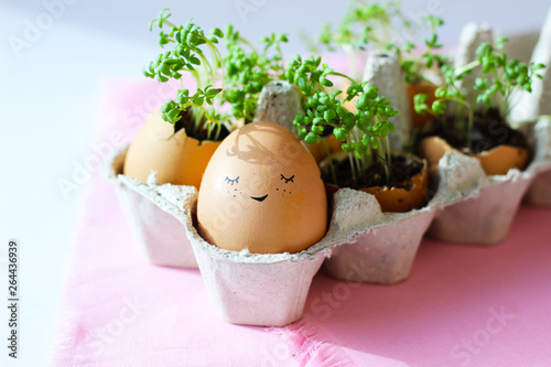 Tableau sur toile The fresh green grass growing in an egg shell with the funny persons drawn on it