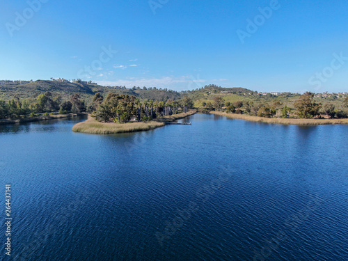Aerial view of Miramar reservoir in the Scripps Miramar Ranch community, San Diego, California. Miramar lake, popular activities recreation site including boating, fishing, picnic & 5-mile-long trail. © Unwind