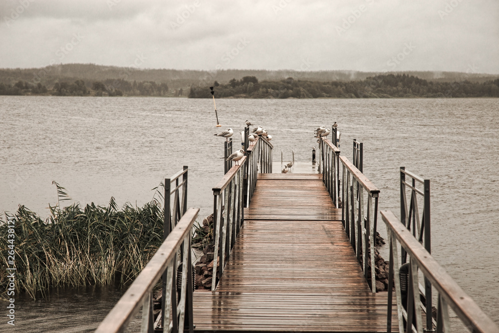Naklejka premium Pier on Ladoga lake. Karelia. Russia. Landscape with wooden bridge, water surface and sky with clouds. Greyness and rainy weather.