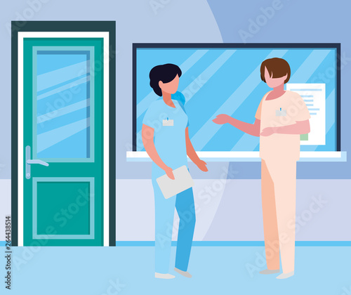 couple medicine workers in hospital reception