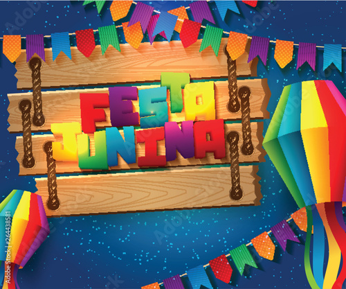 Festa Junina Illustration with Party Flags and Paper Lantern
