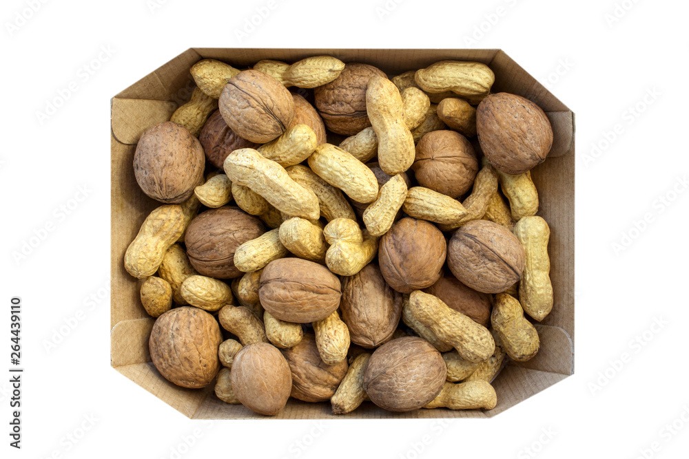 Obraz premium walnuts peanut craft box, white background isolated