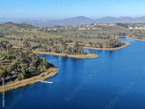 Aerial view of Miramar reservoir in the Scripps Miramar Ranch community, San Diego, California. Miramar lake, popular activities recreation site including boating, fishing, picnic & 5-mile-long trail.