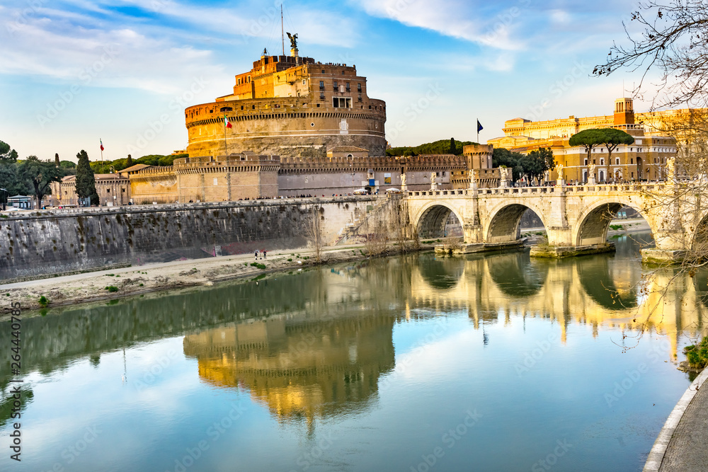 Castel Ponte Saint Angelo Tiber River Reflection Evening Rome Italy