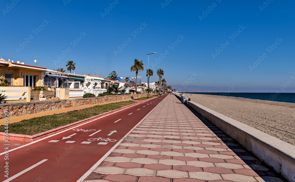 Mediterranean beach promenade in Roquetas de Mar, Spain.