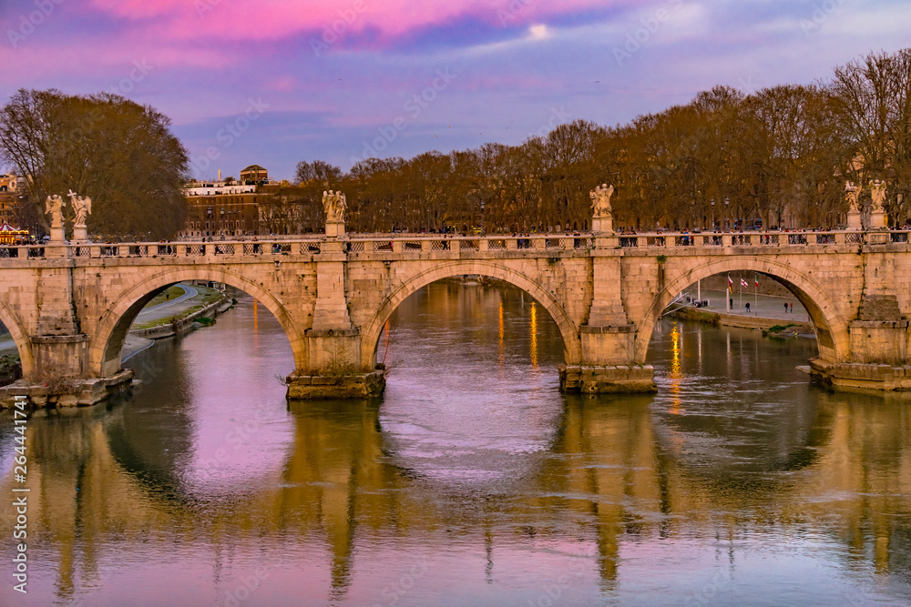 Fototapeta premium Moon Sunset Ponte Saint Angelo Tiber River Reflection Rome Italy
