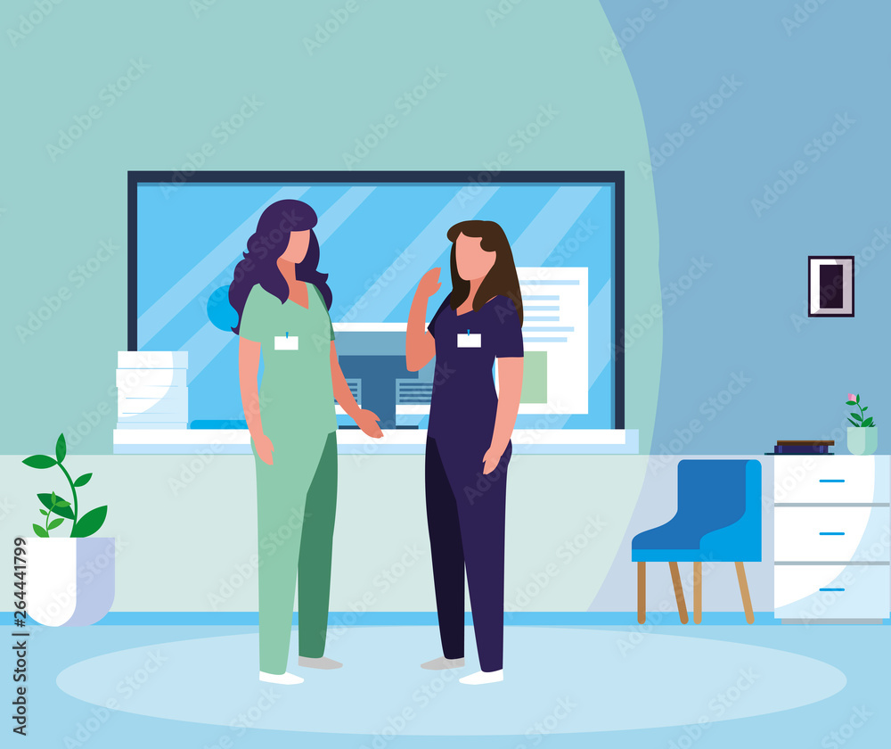 female medicine workers in hospital reception female medicine workers in hospital reception