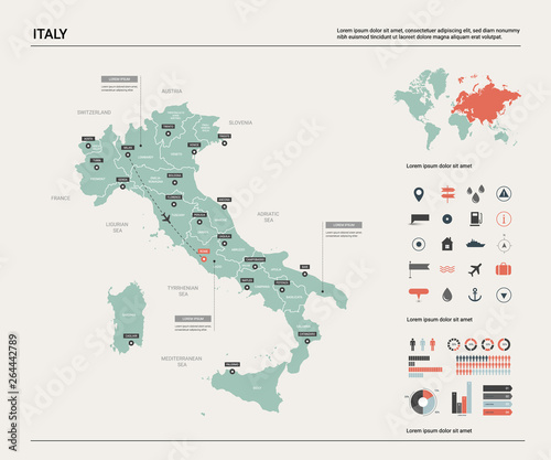 Vector map of Italy. High detailed country map with division, cities and capital Rome. Political map, world map, infographic elements.