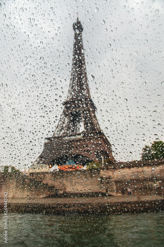 Raindrops on the window and the Eiffel Tower on the background, Paris, France