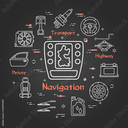 Vector black linear banner of car navigation