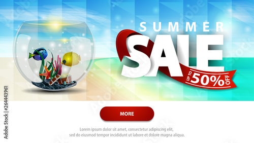 Summer sales, discount web banner template for your website with beautiful seascape and round aquarium with fish