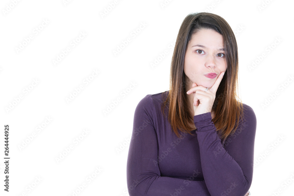 Close-up portrait of nice cute attractive minded girl touching chin isolated over white background Close-up portrait of nice cute attractive minded girl touching chin isolated over white background