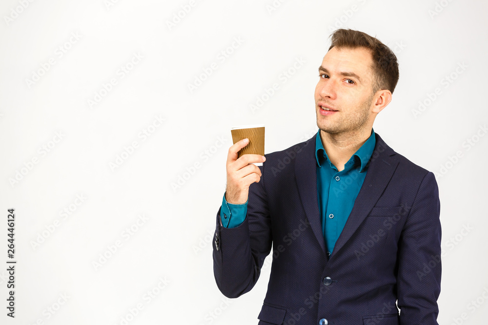 Portrait of chic handsome pleased delightful serious attractive dreamy wealthy elegant classy man smelling the aroma of fresh bitter coffee isolated on gray background copy-space Portrait of chic handsome pleased delightful serious attractive dreamy wealthy elegant classy man smelling the aroma of fresh bitter coffee isolated on gray background copy-space