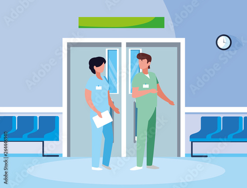 couple medicine workers in elevator door