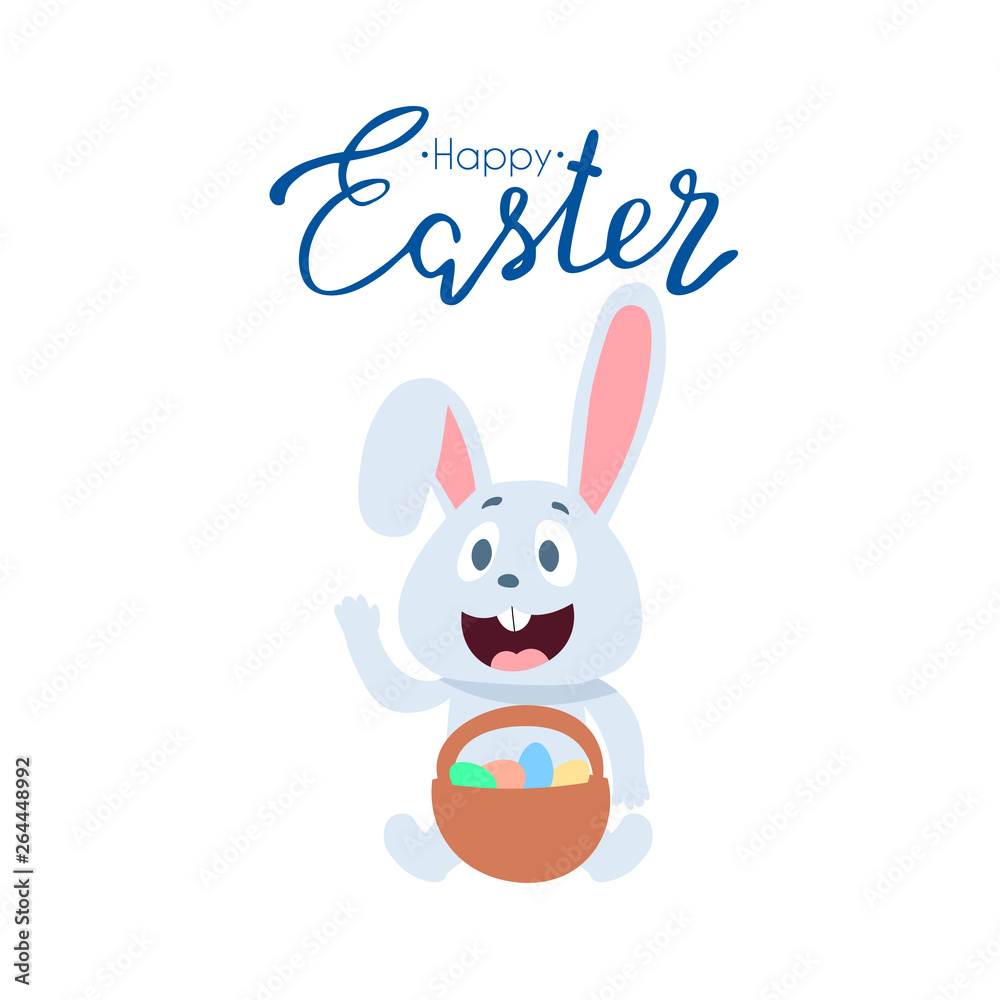 Friendly smiling Easter Bunny with a basket of colorfully painted eggs walking among flowers on green grass on sunny spring day, vector illustration in a cartoon style