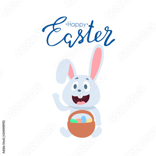 Friendly smiling Easter Bunny with a basket of colorfully painted eggs walking among flowers on green grass on sunny spring day, vector illustration in a cartoon style © mamormo