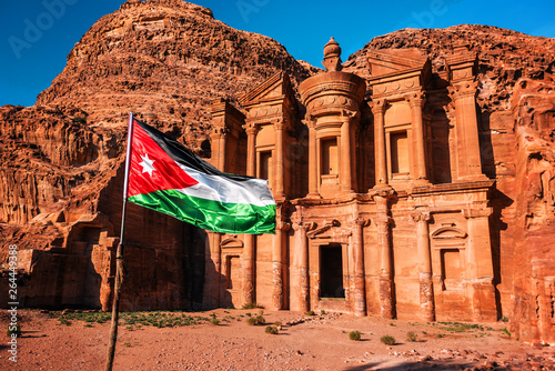 flag of Jordan on the background of the monastery Ad Deir