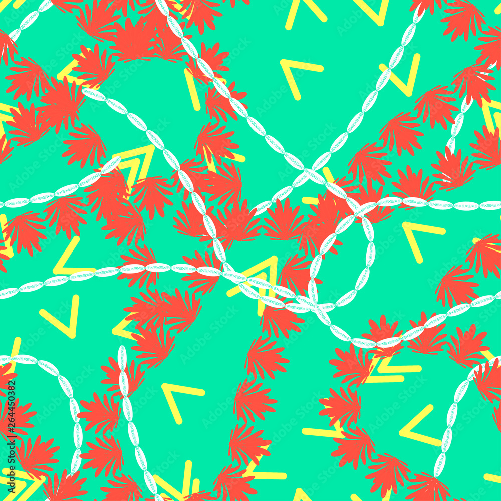 abstract red leaves with white chains and yellow figures on a light green background