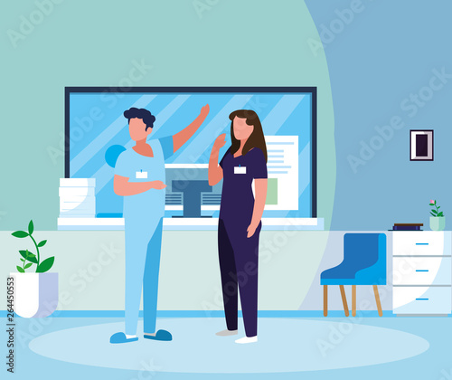 couple medicine workers in hospital reception