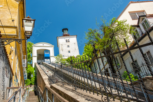 Funicular and medieval Lotrscak tower in Zagreb, Croatia, tourist attractions and popular site