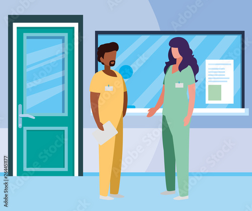 interracial couple medicine workers in reception hospital © djvstock