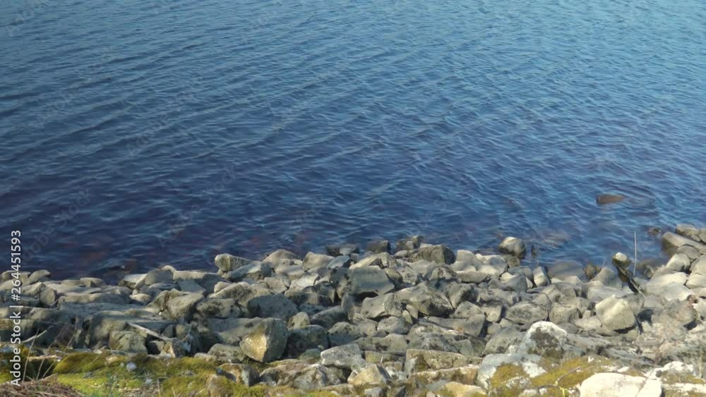 Water close up within the lady bower reservoir beside some rocks on the shore LadyBower within the peak district small waves sunny day shot in 4K Water close up within the lady bower reservoir beside some rocks on the shore LadyBower within the peak district small waves sunny day shot in 4K