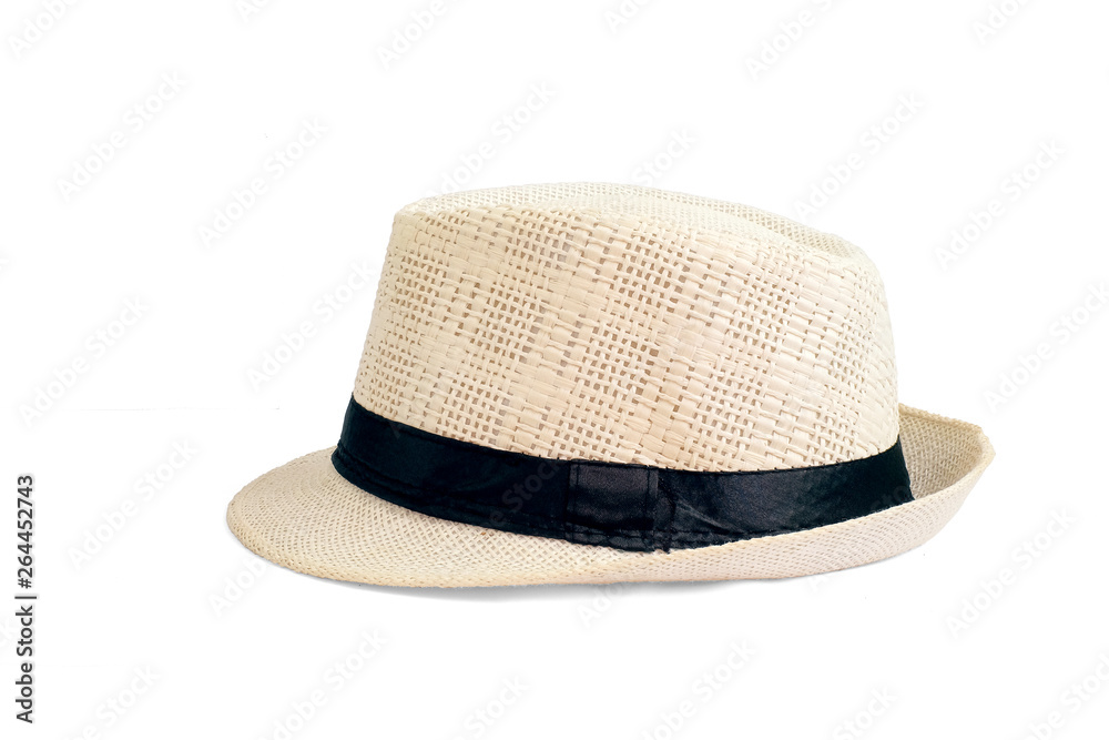 Vintage white Straw hat fasion with black ribbon for man isolated on white background. This has clipping path