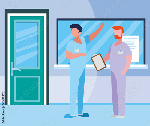 male medicine workers in hospital reception