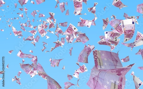 Flying euro banknotes against the sky background. Money is flying in the air. 500 EURO in color. 3D illustration