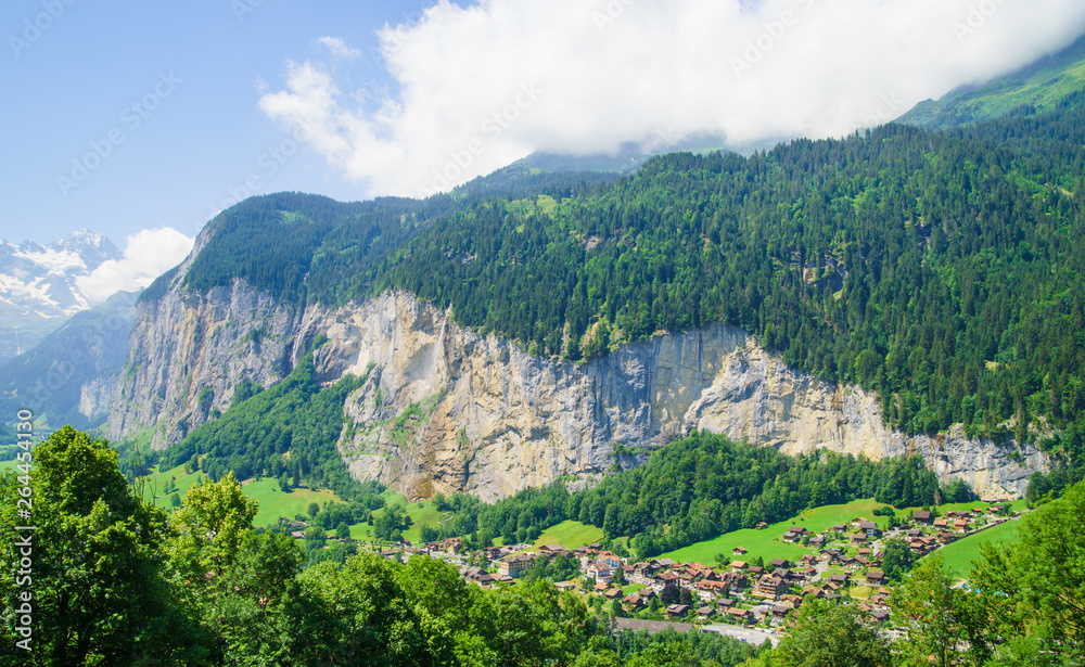 Alpine peaks of Grindelwald and Jungfrau. Landskape background of Bernese highland. Alps, tourism, journey, hiking concept.