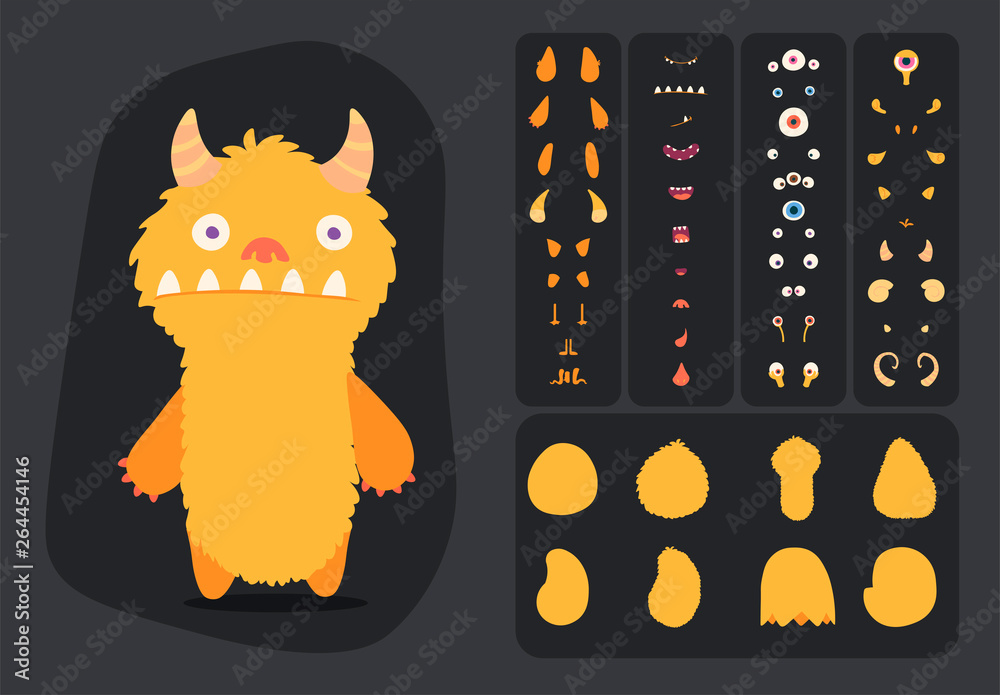 Cute cartoon monster creation kit, construction elements and body parts for building creatures for kids toys, video games and halloween designs