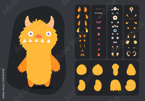 Cute cartoon monster creation kit, construction elements and body parts for building creatures for kids toys, video games and halloween designs