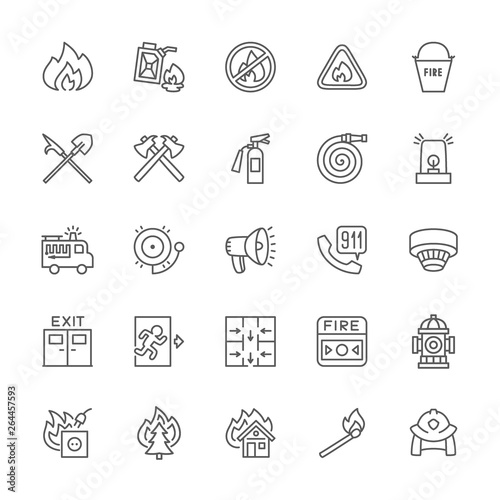 Set of Firefighter Line Icons. Fireman, Evacuation Plan, Hydrant and more.