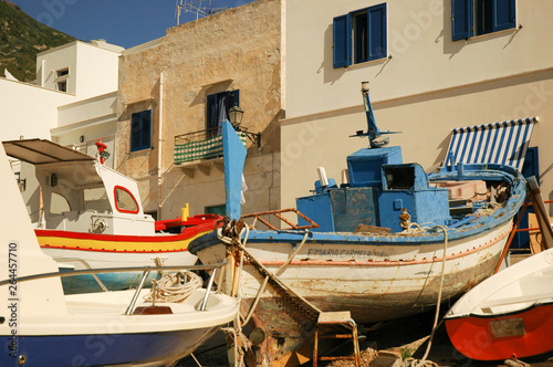 Marettimo is the wildest and most remote of the three Egadi Islands off the coast of Sicily  with white houses and blu sea.