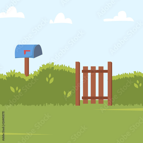 Home backyard background with green bushes fence, wooden side gate and Post box. Vector illustration