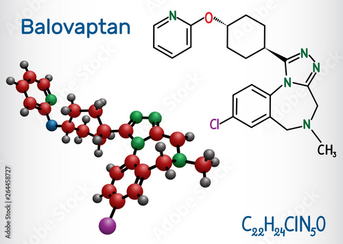 Balovaptan molecule. Is drug for the treatment of autism. Structural chemical formula and molecule model