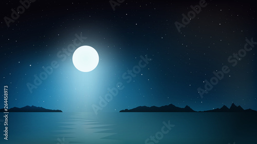 Vector night sky clouds. Moonlight. Moon over the sea. Background design. Vector illustration.