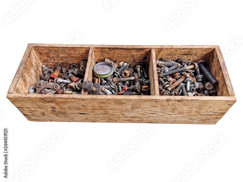 Wooden box with old metal pieces