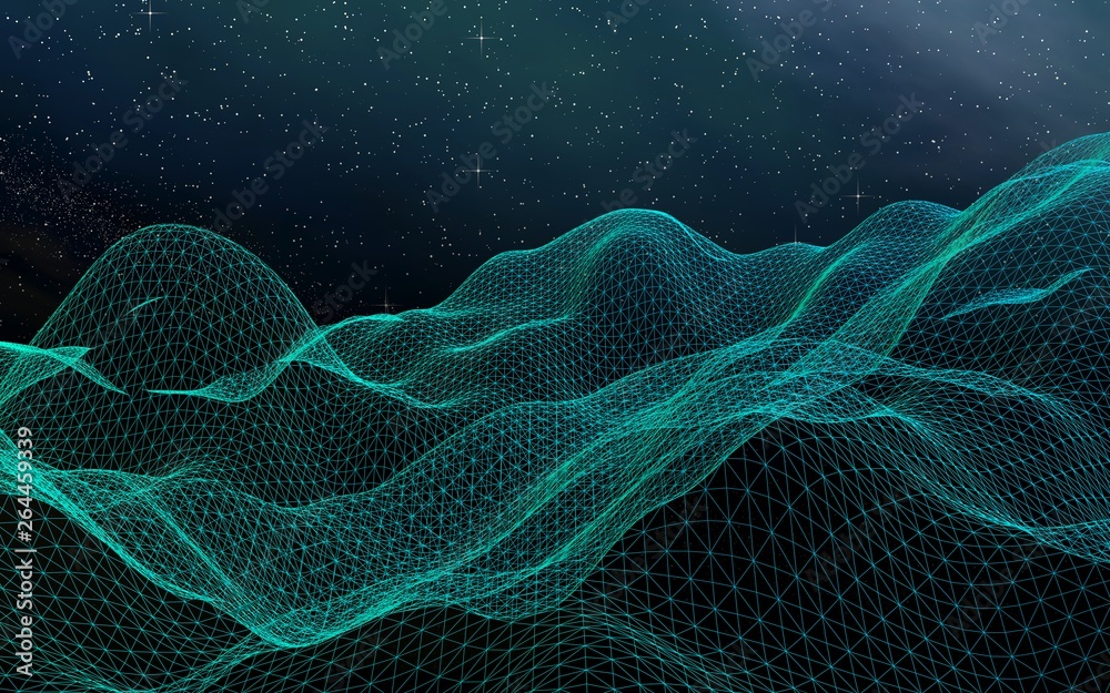 Fototapeta premium Abstract landscape on a dark background. Cyberspace grid. hi tech network. Outer space. Starry outer space texture. 3D illustration