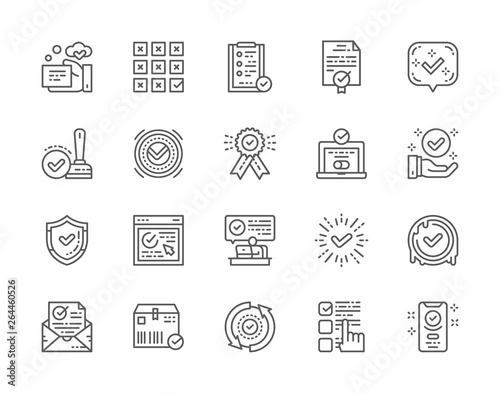Set of Check Mark and Approve Line Icons. Certificate, Quality Control and more.