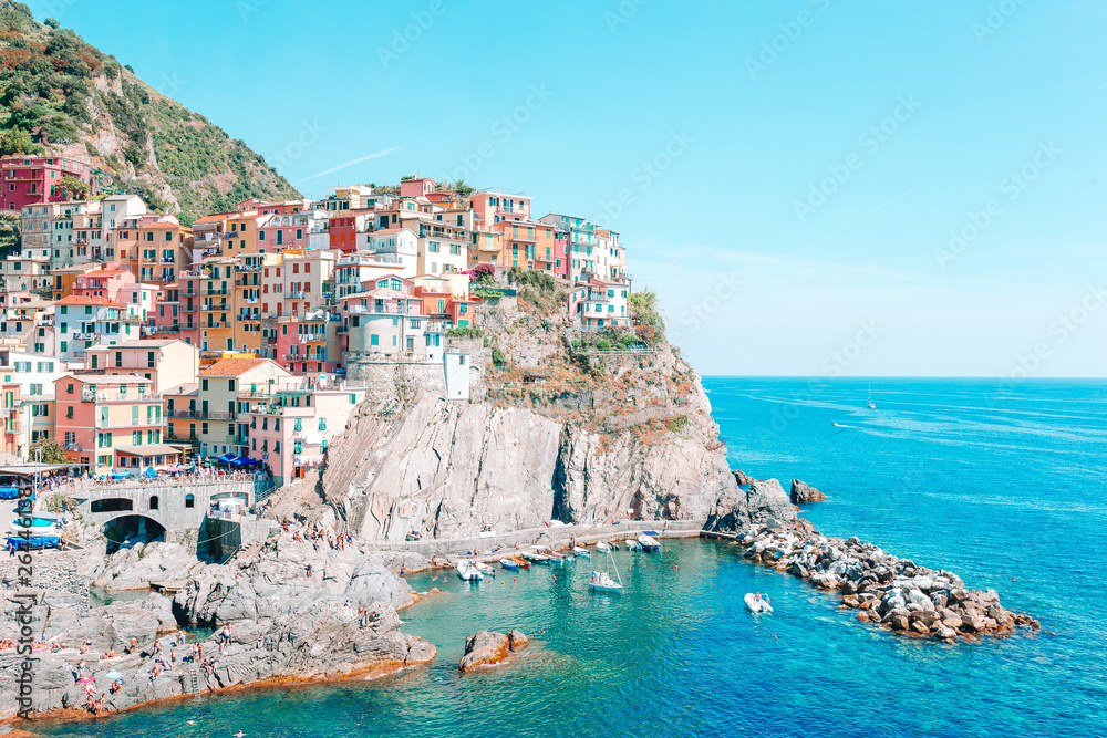 Amazing view of the beautiful village of Manarola in the Cinque Terre Reserve. Liguria region of Italy.