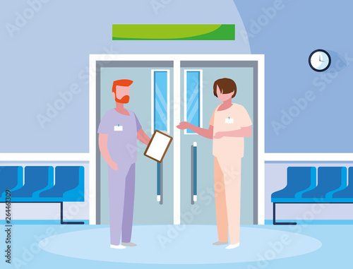 male medicine workers in elevator door